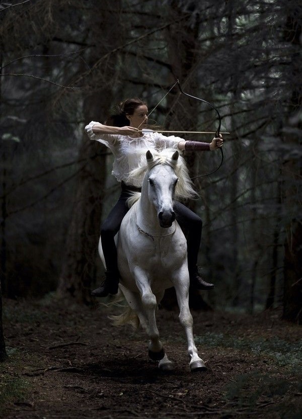 Vrouw op een wit paard in het bos